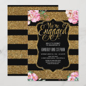 Floral Waterverven Gold Glitter Engagement Party Kaart (Voorkant / Achterkant)