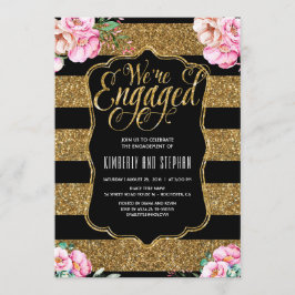 Floral Waterverven Gold Glitter Engagement Party Kaart