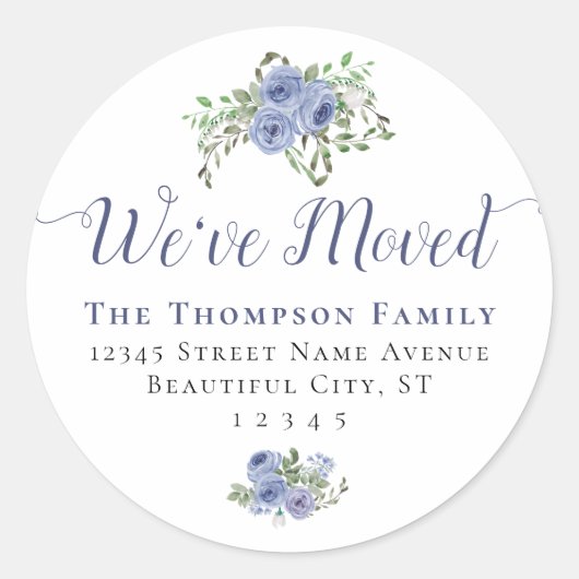 Floral we hebben het nieuwe adres Blauwe beweging  Ronde Sticker (Voorkant)