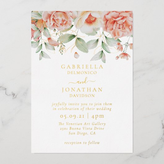 Floral Weddenschap Gold Waterverf met Blush Peach Folie Uitnodiging (Voorkant)