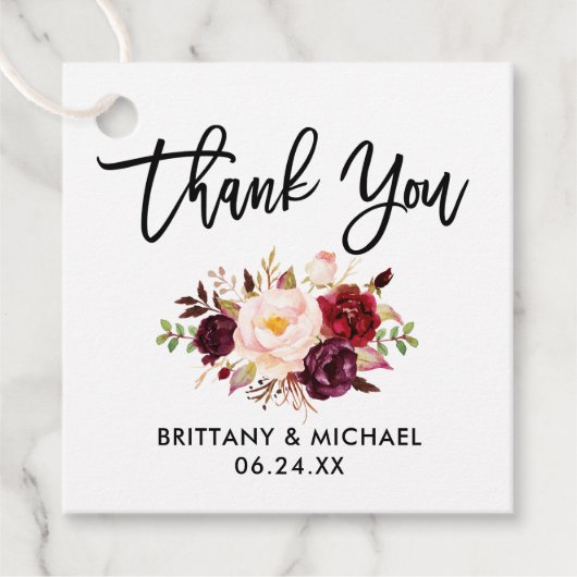 Floral Weddenschap in het script van Brush Bedankjes Labels (Voorkant)