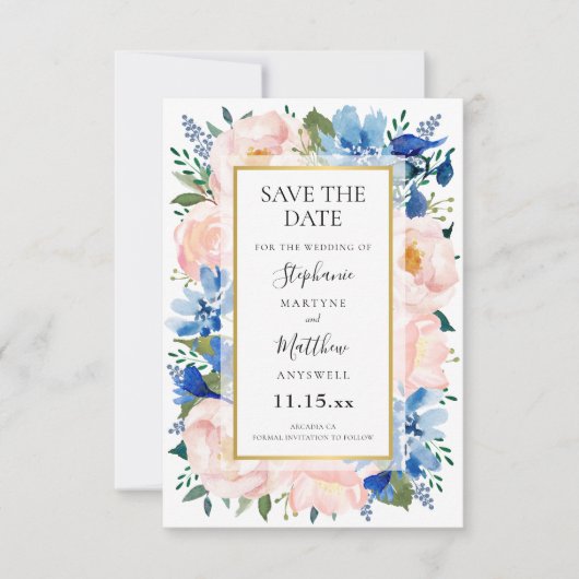 Floral Weddenschap over Blauwe Blush Pink Gold Wat Save The Date (Voorkant)