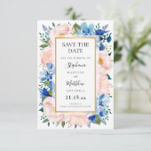 Floral Weddenschap over Blauwe Blush Pink Gold Wat Save The Date (Staand voorkant)