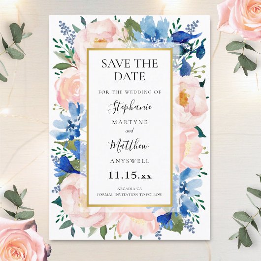 Floral Weddenschap over Blauwe Blush Pink Gold Wat Save The Date