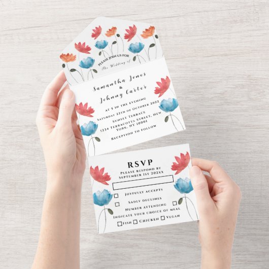 Floral Weddenschap rode papaver Waterverf All In One Uitnodiging (Afscheurbaar)