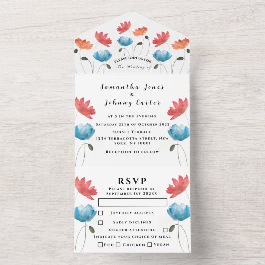 Floral Weddenschap rode papaver Waterverf All In One Uitnodiging (Binnen)