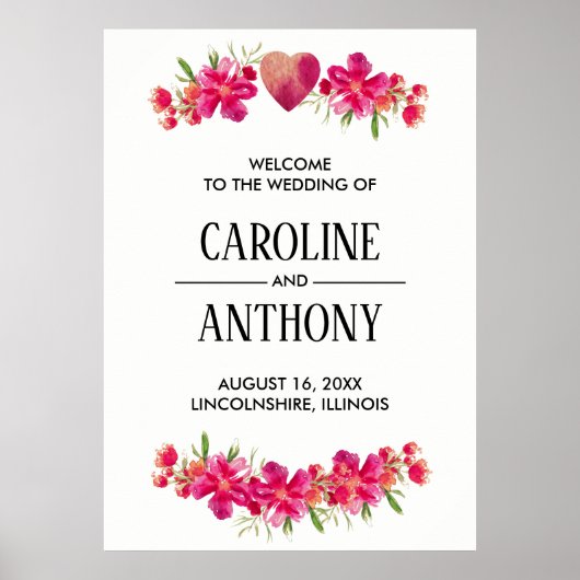 Floral Weddenschap Welkomstteken voor Fuchsia Wate Poster (Voorkant)