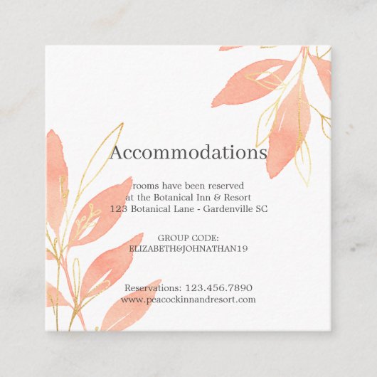 Floral Wedding Accomodation Gold Peach Waterverf Informatiekaartje (Voorkant)