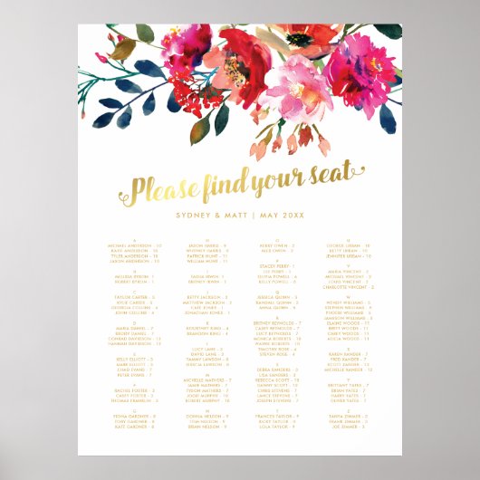 Floral Wedding Alfabetical Table Seating Chart Poster (Voorkant)