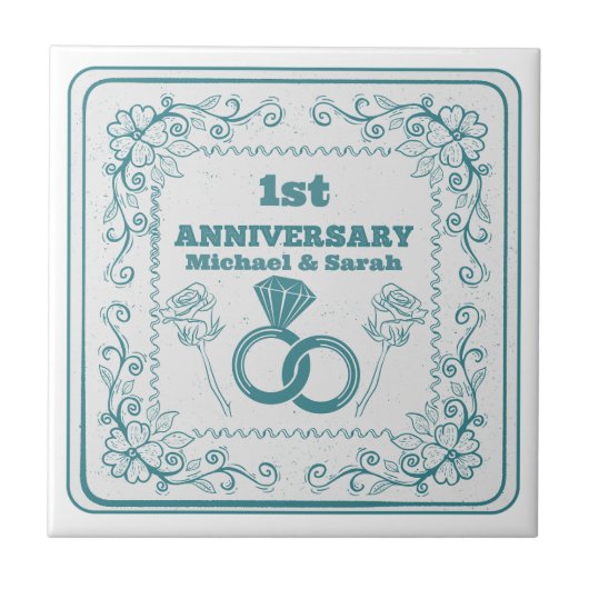 Floral wedding Anniversary Customizable year Tegeltje (Voorkant)
