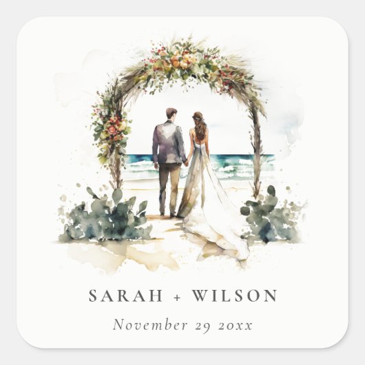 Floral Wedding Arch Coastal Beach Seascape Wedding Vierkante Sticker (Voorkant)