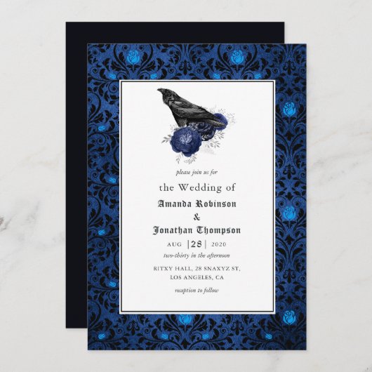 Floral Wedding Black and Blue Gothic Kaart (Voorkant / Achterkant)