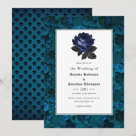 Floral Wedding Black and Blue Gothic Kaart (Voorkant / Achterkant)