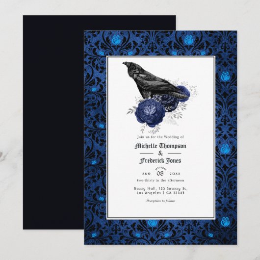 Floral Wedding Black and Blue Gothic Kaart (Voorkant / Achterkant)
