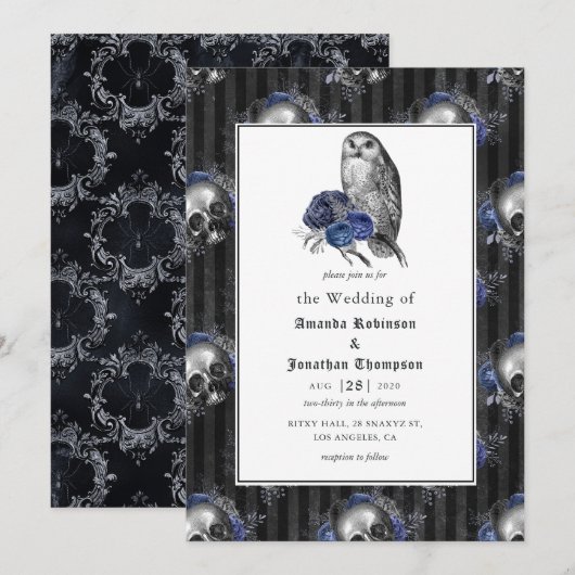 Floral Wedding Black and Blue Gothic Kaart (Voorkant / Achterkant)