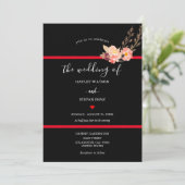 Floral Wedding Black and Red Modern Waterverf Kaart (Staand voorkant)