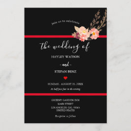 Floral Wedding Black and Red Modern Waterverf Kaart