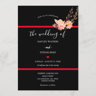 Floral Wedding Black and Red Modern Waterverf Kaart