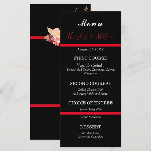 Floral Wedding Black and Red Modern Waterverf Menu (Voorkant / Achterkant)