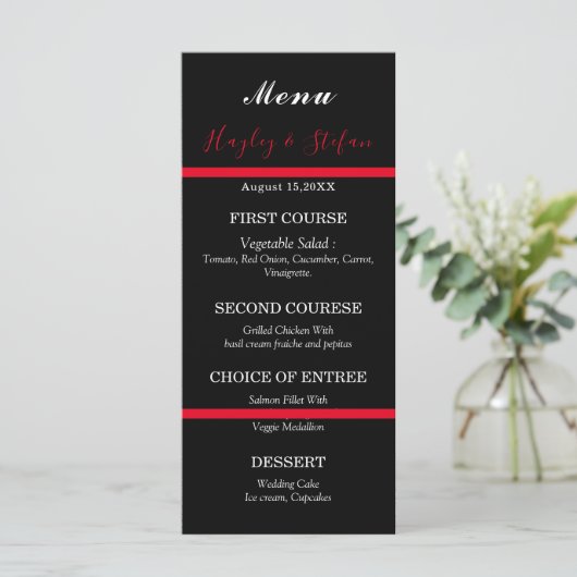 Floral Wedding Black and Red Modern Waterverf Menu (Staand voorkant)