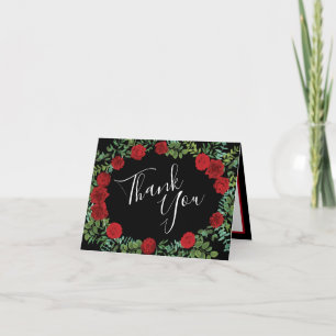 Floral Wedding Black and Red Peony Roos Bedankkaart