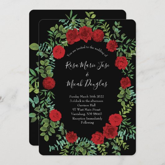 Floral Wedding Black and Red Peony Roos Kaart (Voorkant / Achterkant)