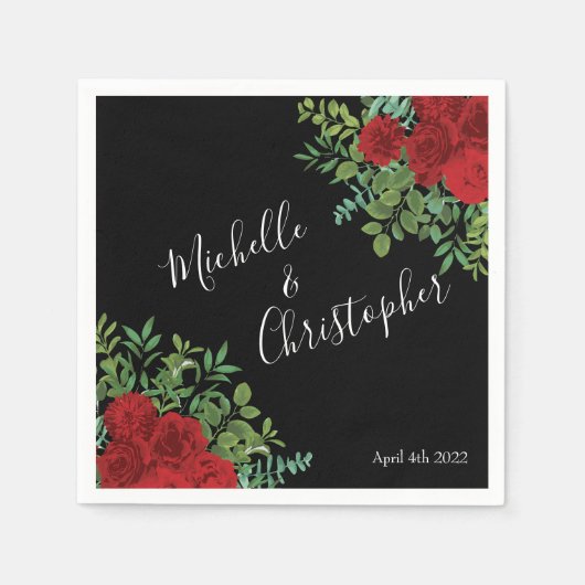 Floral Wedding Black and Red Peony Roos Servet (Voorkant)