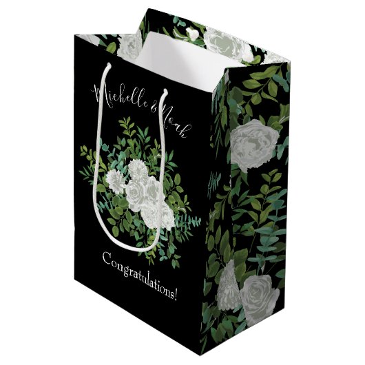Floral Wedding Black and White Rose Medium Cadeauzakje (Voorkant Gekanteld)