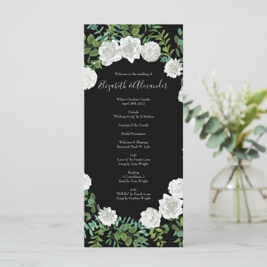 Floral Wedding Black and White Rose Menu (Staand voorkant)