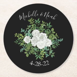 Floral Wedding Black and White Rose Ronde Kartonnen Onderzetter