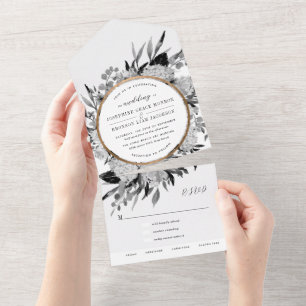 Floral Wedding Black and White Waterverf All In One Uitnodiging