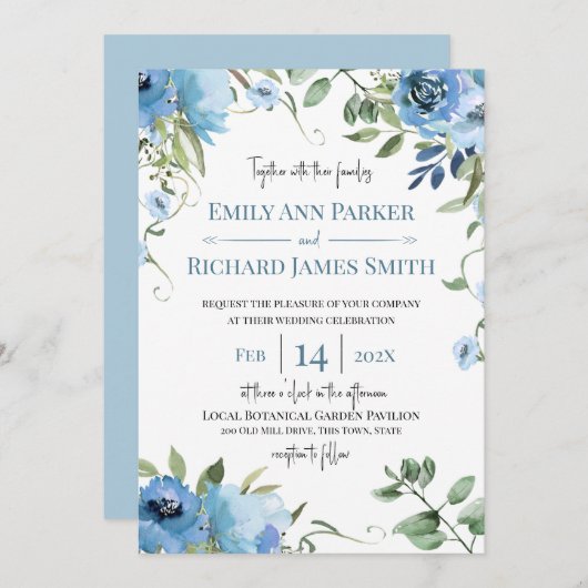 Floral Wedding Blue and Sage Waterverf Kaart (Voorkant / Achterkant)