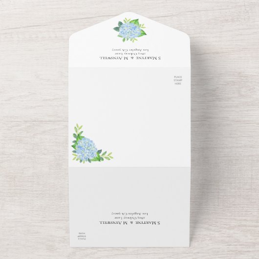 Floral Wedding Blue Hydrangea Waterverf All In One Uitnodiging (Buitenkant)