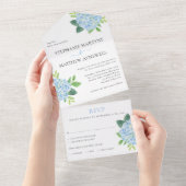 Floral Wedding Blue Hydrangea Waterverf All In One Uitnodiging (Afscheurbaar)