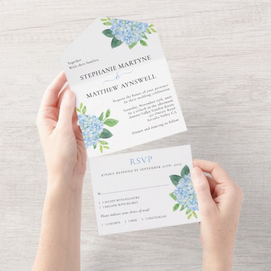 Floral Wedding Blue Hydrangea Waterverf All In One Uitnodiging (Afscheurbaar)