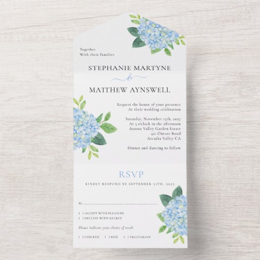 Floral Wedding Blue Hydrangea Waterverf All In One Uitnodiging (Binnen)