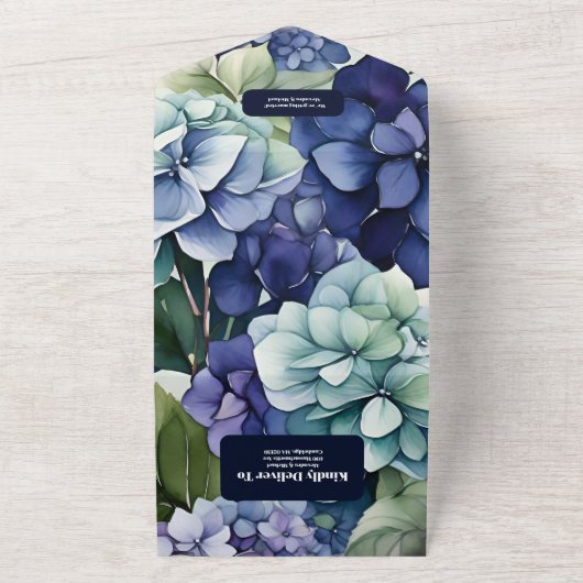 Floral Wedding Blue Hydrangea Waterverf All In One Uitnodiging (Buitenkant)