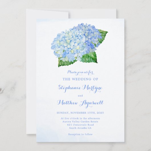 Floral Wedding Blue Hydrangea Waterverf Kaart (Voorkant)
