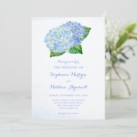 Floral Wedding Blue Hydrangea Waterverf Kaart (Staand voorkant)