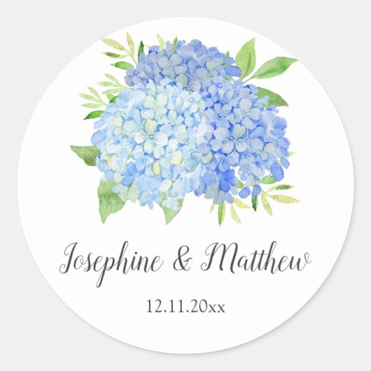 Floral Wedding Blue Hydrangea Waterverf Ronde Sticker (Voorkant)