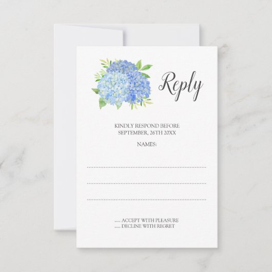 Floral Wedding Blue Hydrangea Waterverf RSVP Kaartje (Voorkant)