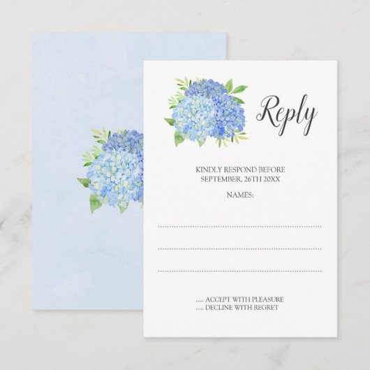 Floral Wedding Blue Hydrangea Waterverf RSVP Kaartje (Voorkant / Achterkant)