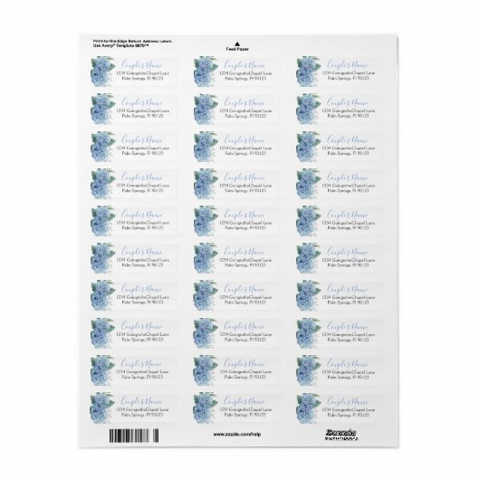 Floral Wedding Blue Hydrangeas Waterverf Etiket (Full Sheet)