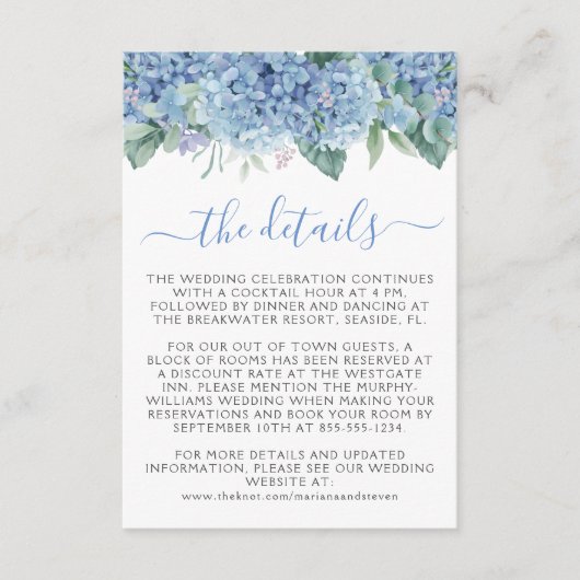 Floral Wedding Blue Hydrangeas Waterverf Informatiekaartje (Voorkant)