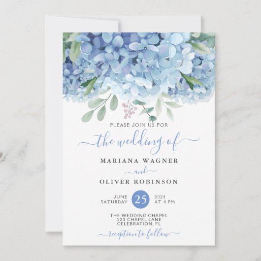 Floral Wedding Blue Hydrangeas Waterverf Kaart (Voorkant)
