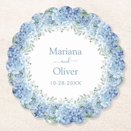 Floral Wedding Blue Hydrangeas Waterverf Kartonnen Onderzetters (Voorkant)
