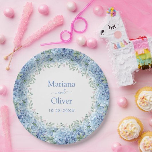 Floral Wedding Blue Hydrangeas Waterverf Papieren Bordje (Feest)