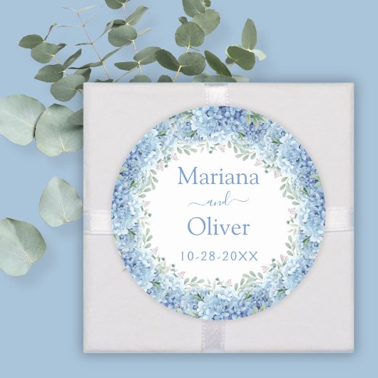 Floral Wedding Blue Hydrangeas Waterverf Ronde Sticker