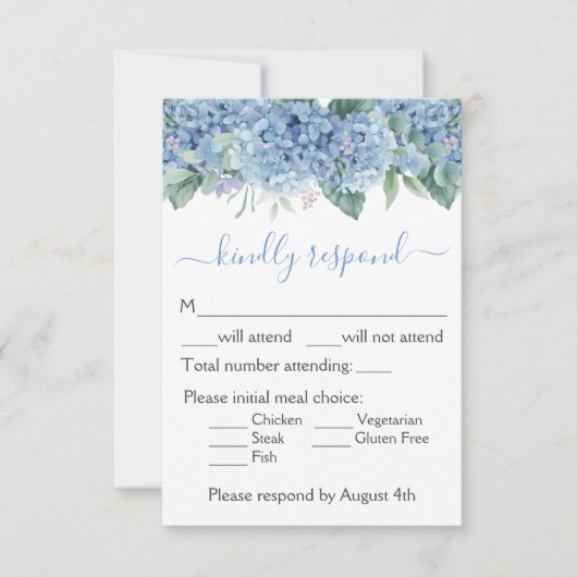 Floral Wedding Blue Hydrangeas Waterverf RSVP Kaartje (Voorkant)