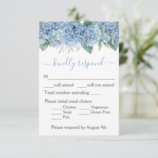 Floral Wedding Blue Hydrangeas Waterverf RSVP Kaartje (Staand voorkant)